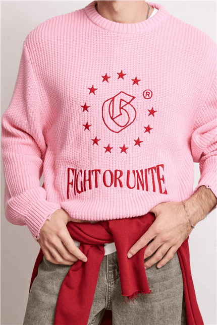Unisex Boxy Fit Nakışlı Bisiklet Yaka Triko Kazak Pembe