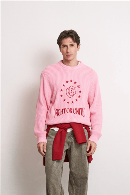 Unisex Boxy Fit Nakışlı Bisiklet Yaka Triko Kazak Pembe