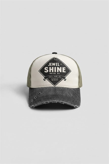 Unisex Eskitme Yıkamalı Shine Retro Baskılı Şapka Haki Yeşil