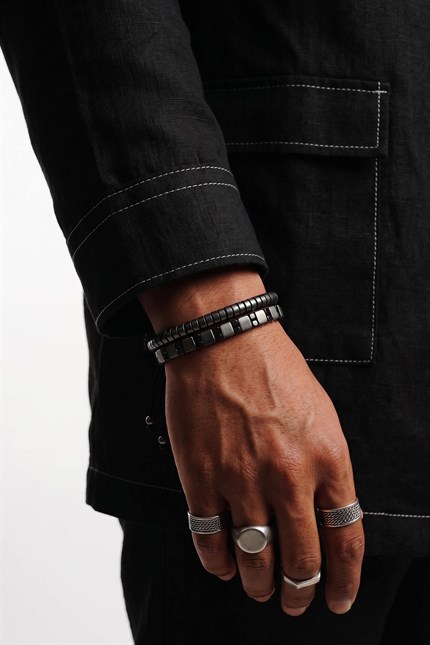 Unisex Hematit Disk Taş Detaylı İnce Bileklik Füme