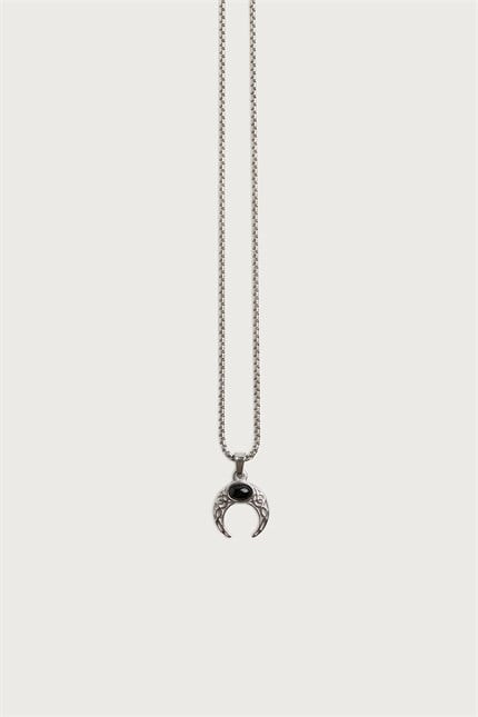 Unisex Hilal Figürlü Taşlı Çelik Kolye Siyah