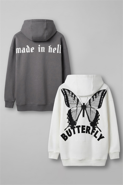 Unisex Oversize 3 İplik Kapüşonlu Baskılı 2’li Sweatshirt Gri-Beyaz