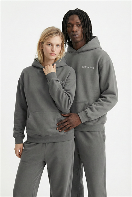 Unisex Oversize Baskılı Premium 3 İplik Kapüşonlu Sweatshirt Gri