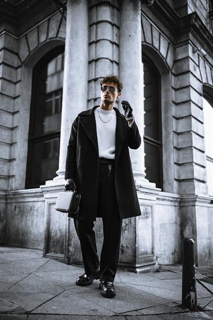 Erkek Oversize İtalyan Kaşe Kaban Siyah