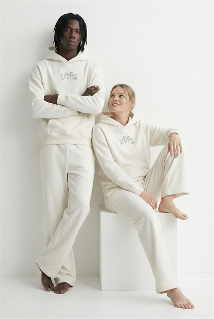 Unisex Oversize Kabartma Baskılı Premium Kalın Kapüşonlu Sweatshirt Ekru