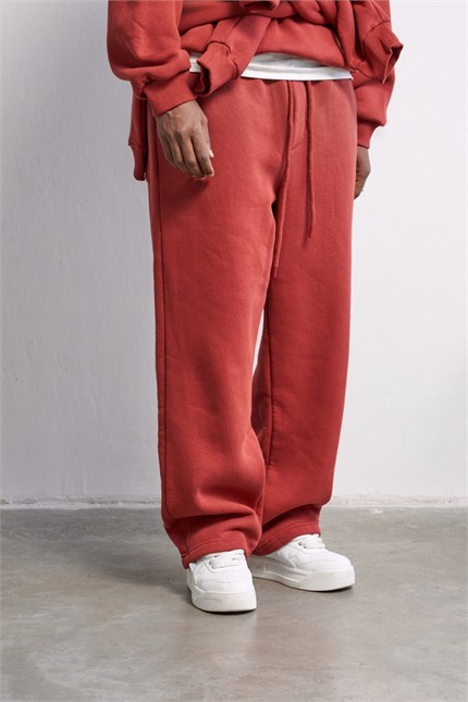 Unisex Oversize Kalın Şardonlu Yıkamalı Eşofman Takımı Kiremit