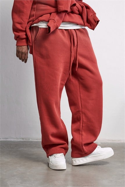 Unisex Oversize Kalın Şardonlu Yıkamalı Eşofman Takımı Kiremit