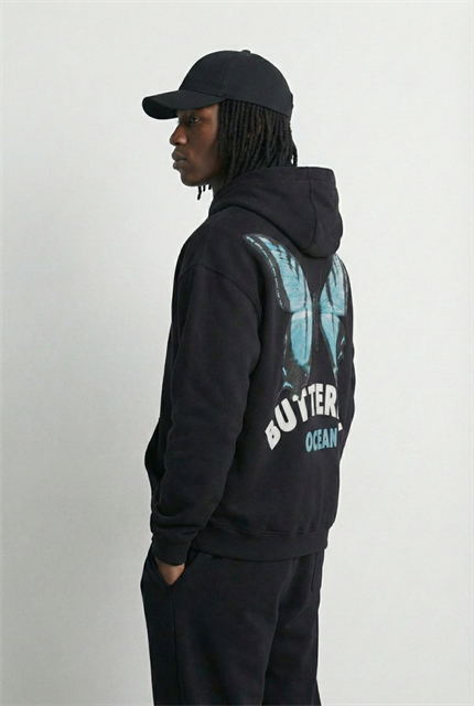 Unisex Oversize Kelebek Baskılı Kalın Kapüşonlu Sweatshirt Siyah