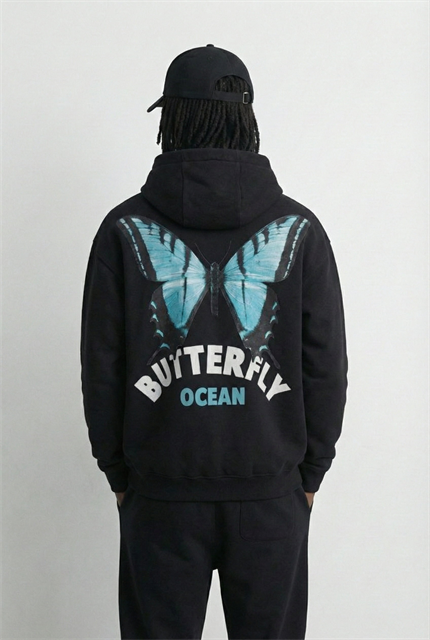 Unisex Oversize Kelebek Baskılı Kalın Kapüşonlu Sweatshirt Siyah