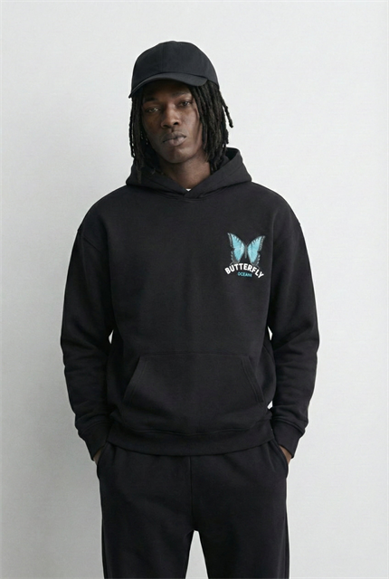 Unisex Oversize Kelebek Baskılı Kalın Kapüşonlu Sweatshirt Siyah