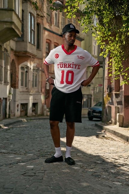 Unisex Oversize Premium Ay Yıldız Triko Forma T-Shirt Ekru