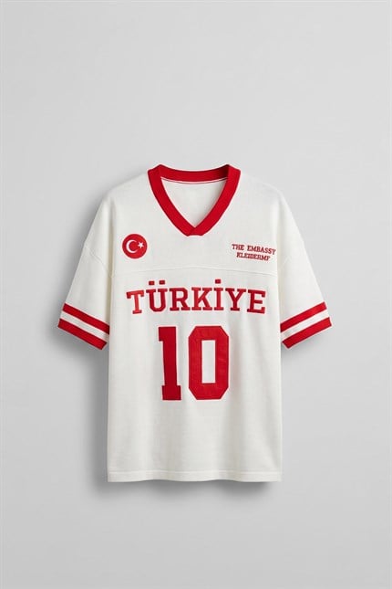 Unisex Oversize Premium Ay Yıldız Triko Forma T-Shirt Ekru