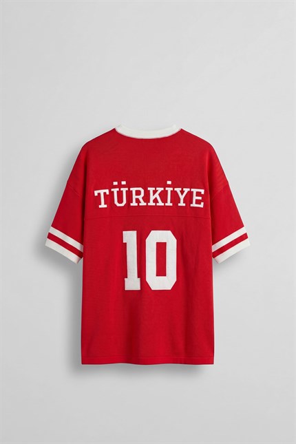 Unisex Oversize Premium Ay Yıldız Triko Forma T-Shirt Kırmızı
