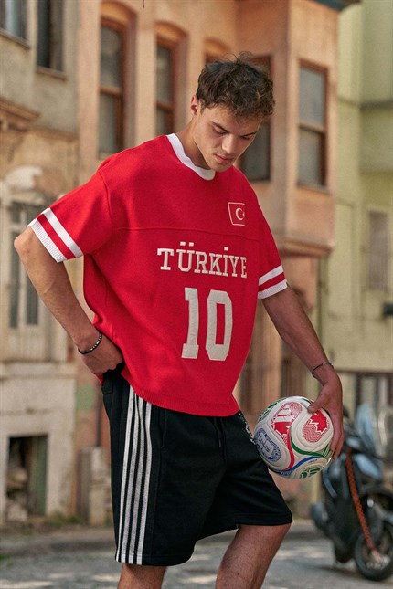 Unisex Oversize Premium Ay Yıldız Triko Forma T-Shirt Kırmızı