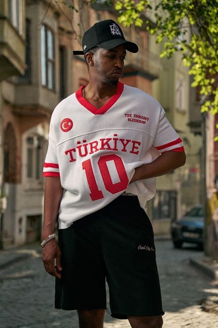 Unisex Oversize Premium Ay Yıldız Triko Forma T-Shirt Ekru