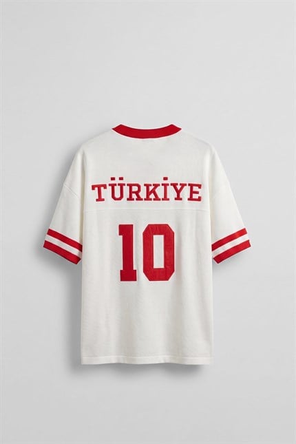 Unisex Oversize Premium Ay Yıldız Triko Forma T-Shirt Ekru