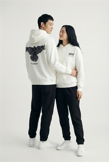 Unisex Oversize Raven Baskılı Premium Kalın Kapüşonlu Sweatshirt Ekru