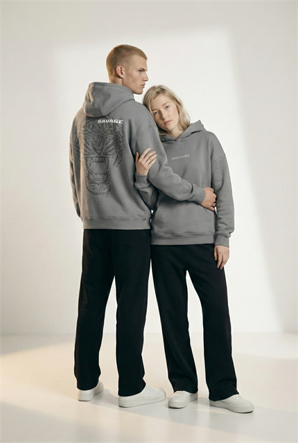 Unisex Oversize Savage Grafik Baskılı Kalın Kapüşonlu Sweatshirt Gri