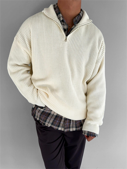 Erkek Oversize Yarım Fermuarlı Kazak Bej