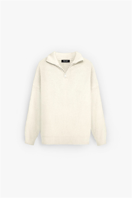 Erkek Oversize Yarım Fermuarlı Kazak Bej