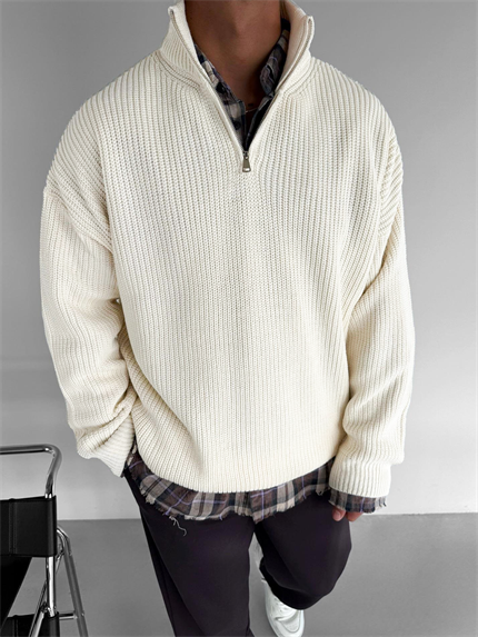 Erkek Oversize Yarım Fermuarlı Kazak Bej