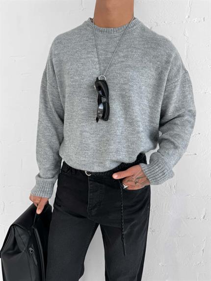 Erkek Oversize Yumuşak Dokulu Kazak Gri