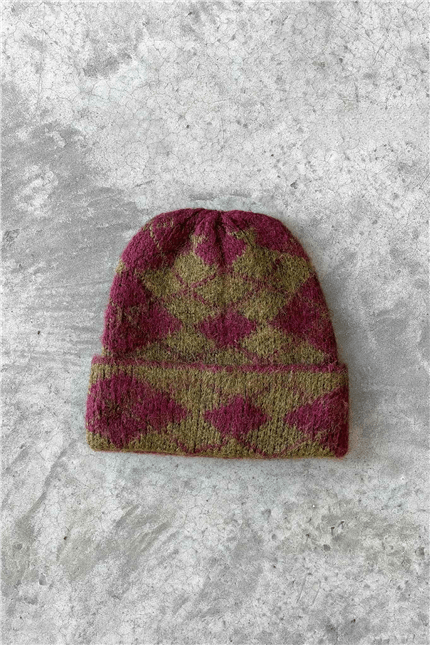Unisex Vintage Baklava Desenli Tüylü Bere Bordo