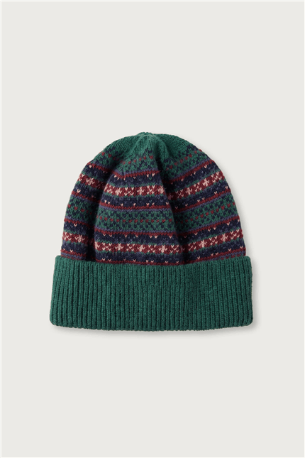 Unisex Vintage Yün Karışımlı Jakar Desenli Bere Yeşil