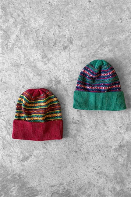Unisex Vintage Yün Karışımlı Jakar Desenli Bere Bordo