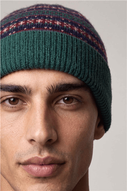 Unisex Vintage Yün Karışımlı Jakar Desenli Bere Yeşil