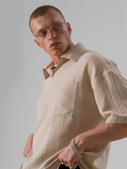 Erkek V Yaka Gömlek Bej