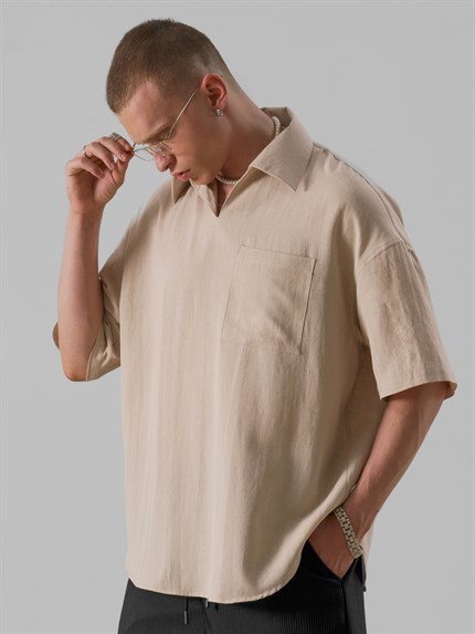 Erkek V Yaka Gömlek Bej