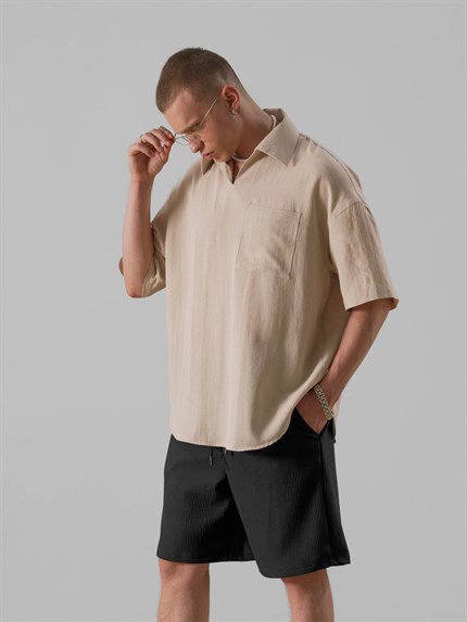 Erkek V Yaka Gömlek Bej