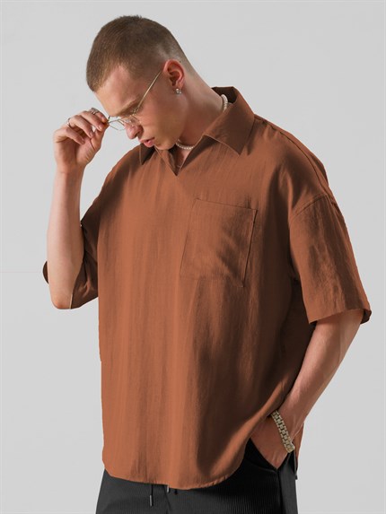 Erkek V Yaka Gömlek Kahve