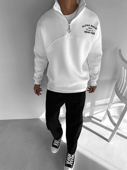 Erkek Yarım Fermuarlı Baskılı Sweatshirt Ekru
