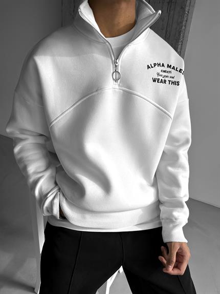 Erkek Yarım Fermuarlı Baskılı Sweatshirt Ekru