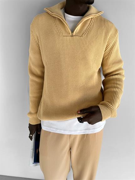 Erkek Yarım Fermuarlı Örme Kazak Bej