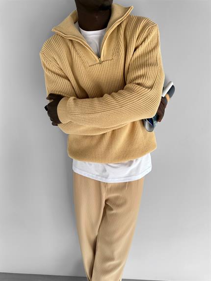 Erkek Yarım Fermuarlı Örme Kazak Bej