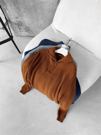 Erkek Yarım Fermuarlı Örme Kazak Kahverengi