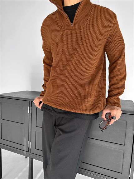 Erkek Yarım Fermuarlı Örme Kazak Kahverengi