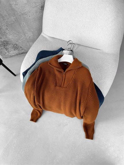 Erkek Yarım Fermuarlı Örme Kazak Kahverengi