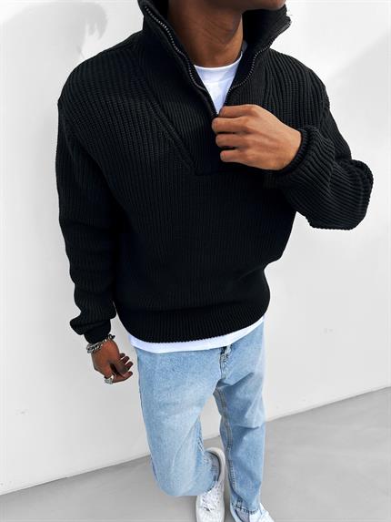 Erkek Yarım Fermuarlı Örme Kazak Siyah