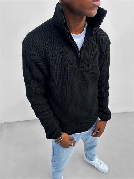 Erkek Yarım Fermuarlı Örme Kazak Siyah