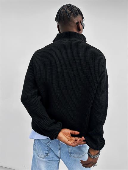 Erkek Yarım Fermuarlı Örme Kazak Siyah