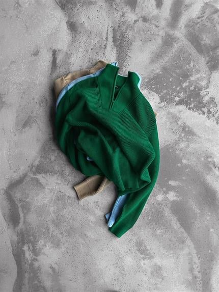 Erkek Yarım Fermuarlı Örme Kazak Yeşil