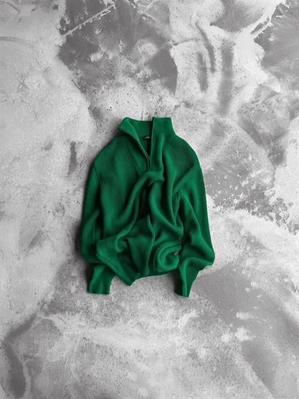 Erkek Yarım Fermuarlı Örme Kazak Yeşil