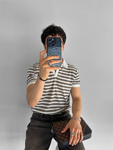 Erkek Triko Polo Yaka Çizgili T-Shirt Kahve