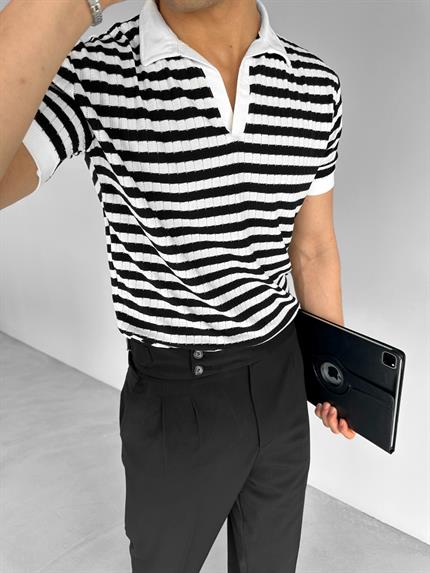 Erkek Triko Polo Yaka Çizgili T-Shirt Siyah