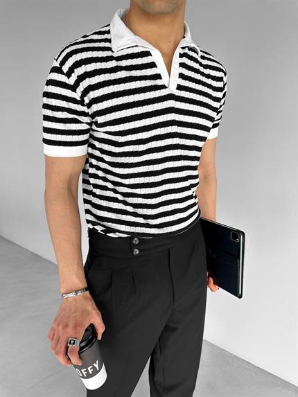 Erkek Triko Polo Yaka Çizgili T-Shirt Siyah