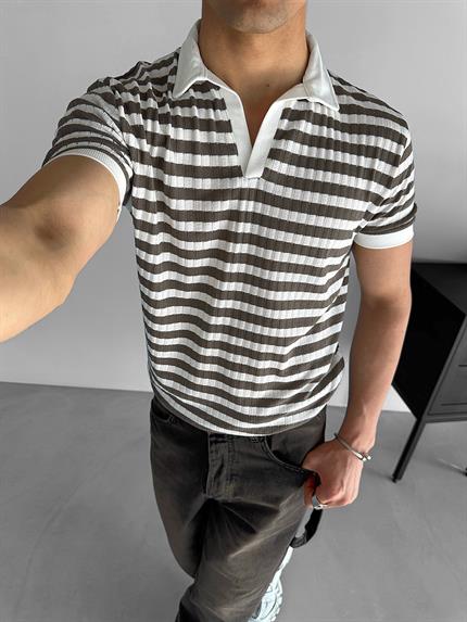 Erkek Triko Polo Yaka Çizgili T-Shirt Kahve